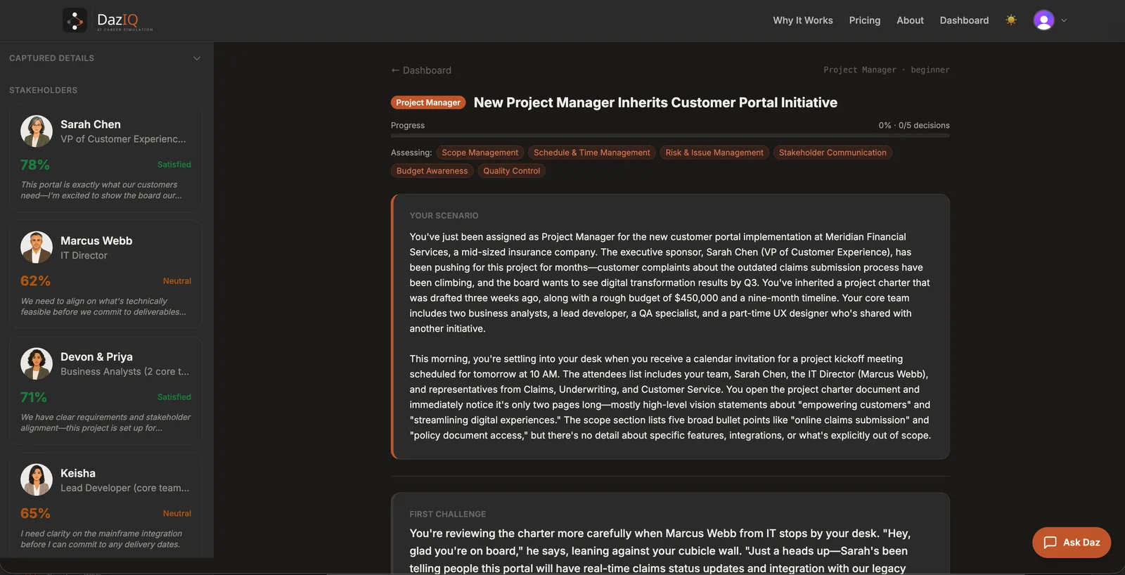 The DazIQ career-simulation product: a Project Manager scenario with a live stakeholder panel showing satisfaction scores for Sarah Chen, Marcus Webb, Devon and Priya, and Keisha, next to the six project-management competencies being assessed.